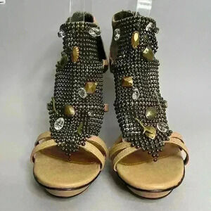 Lola Cruz Beaded Embellished Strappy High Heel Sandals Tan EU 39